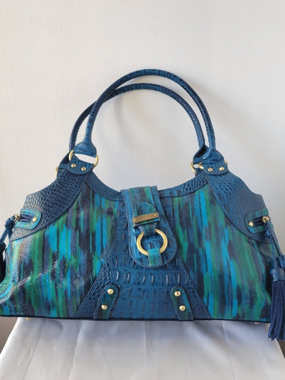 Sharif Studio Genuine Leather Shoulder Bag Blue Green Plaid Tassel